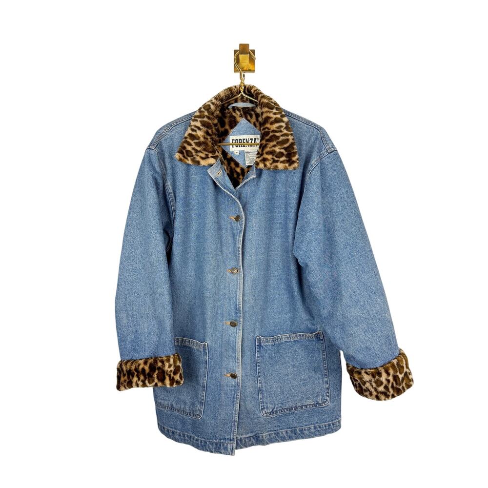 Vintage 90s Forenza Denim Barn Chore Jacket Leopard Faux Fur Trim Lining Sz M